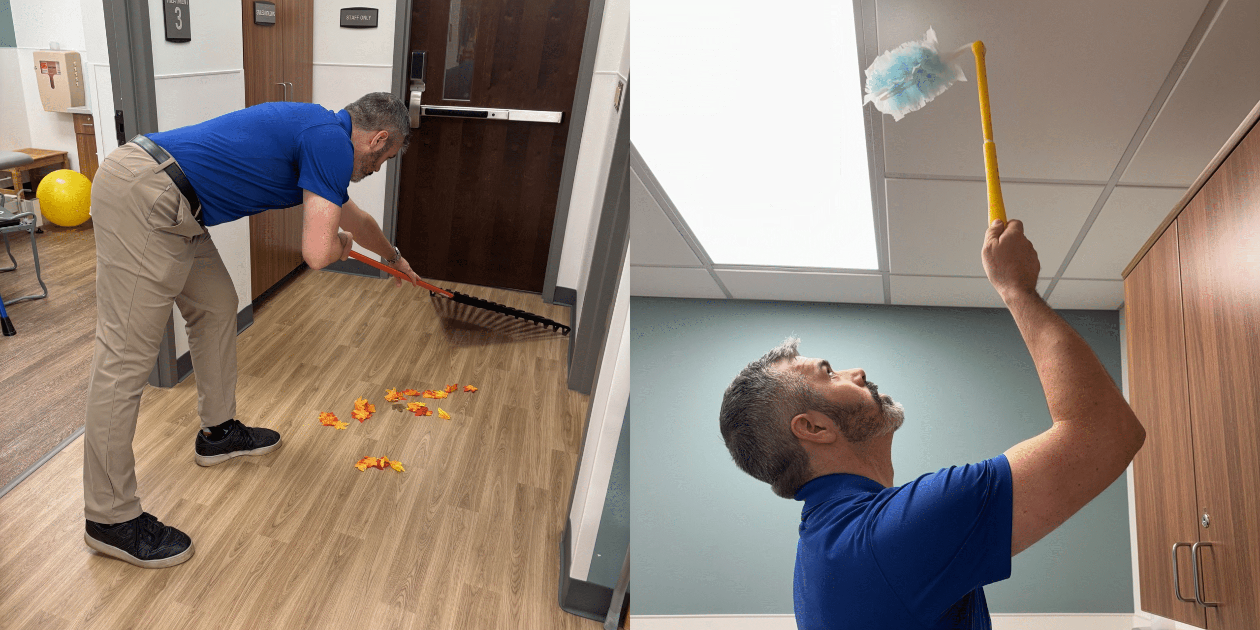 One of our expert physical therapists poses with a rake in the first photo, demonstrating proper technique for preventing back pain. In the second photo, he holds a duster up to a ceiling tile.